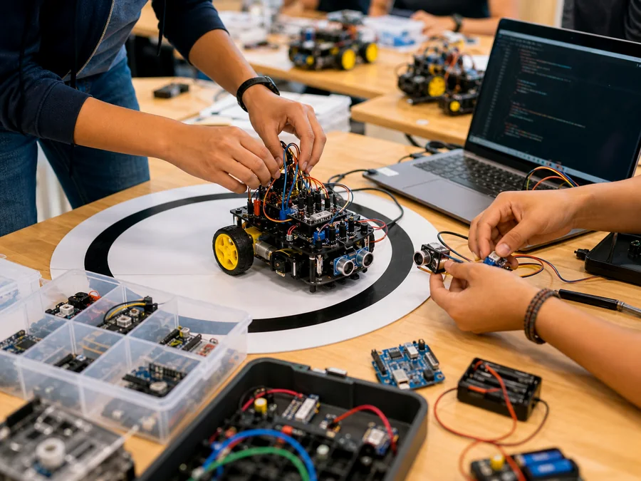 J&oacute;venes construyendo y programando robots m&oacute;viles.