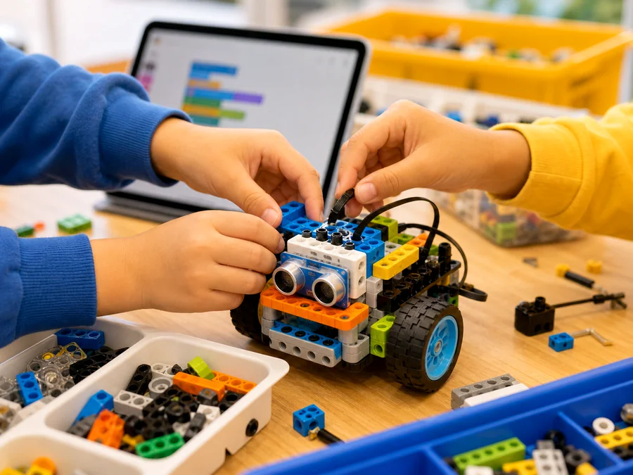 Ni&ntilde;as y ni&ntilde;os aprendiendo rob&oacute;tica educativa.