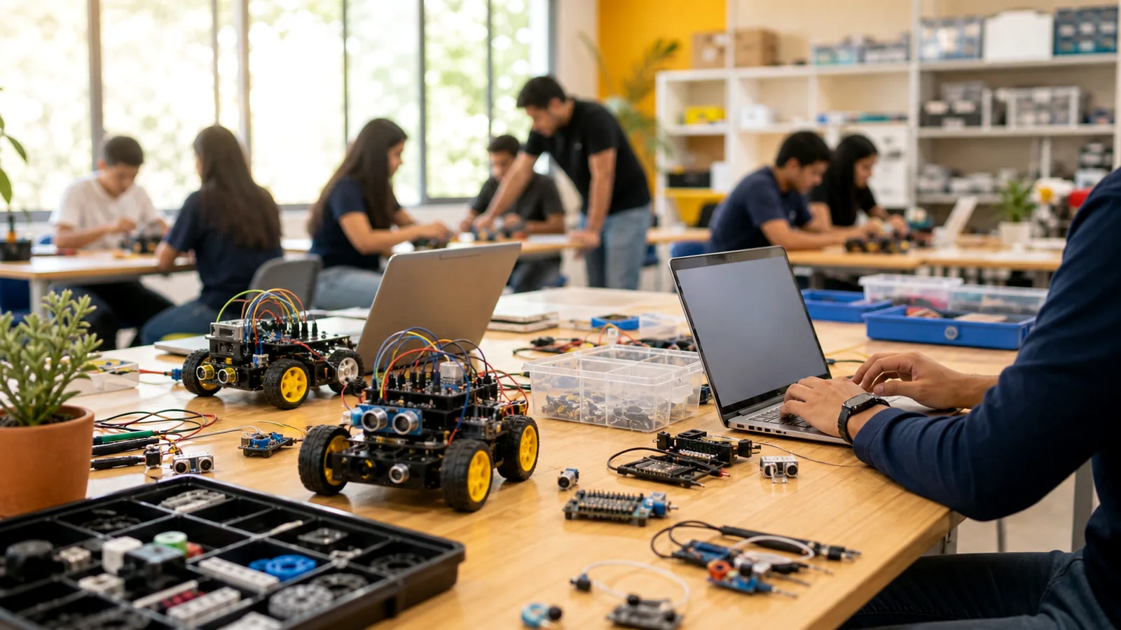 Taller de rob&oacute;tica educativa con prototipos, laptops y comunidad estudiantil.