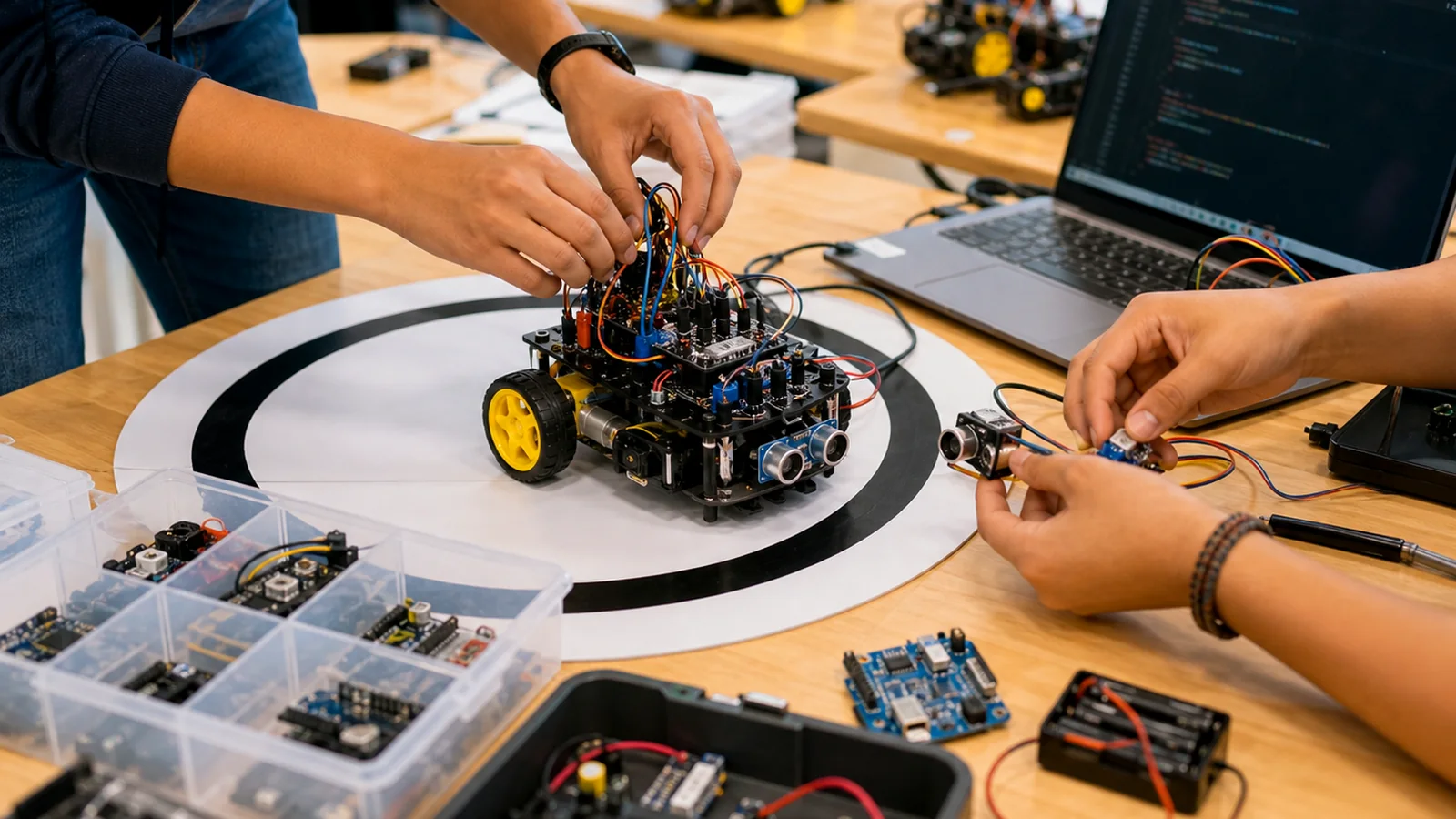 J&oacute;venes trabajando en prototipos de rob&oacute;tica m&oacute;vil.