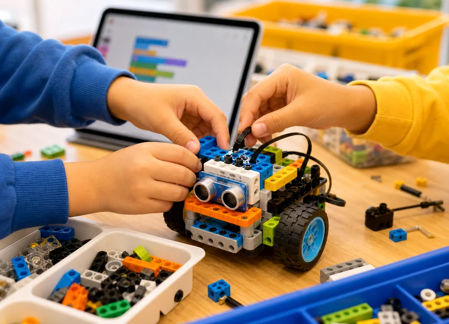 Participantes infantiles presentando proyectos rob&oacute;ticos creativos.