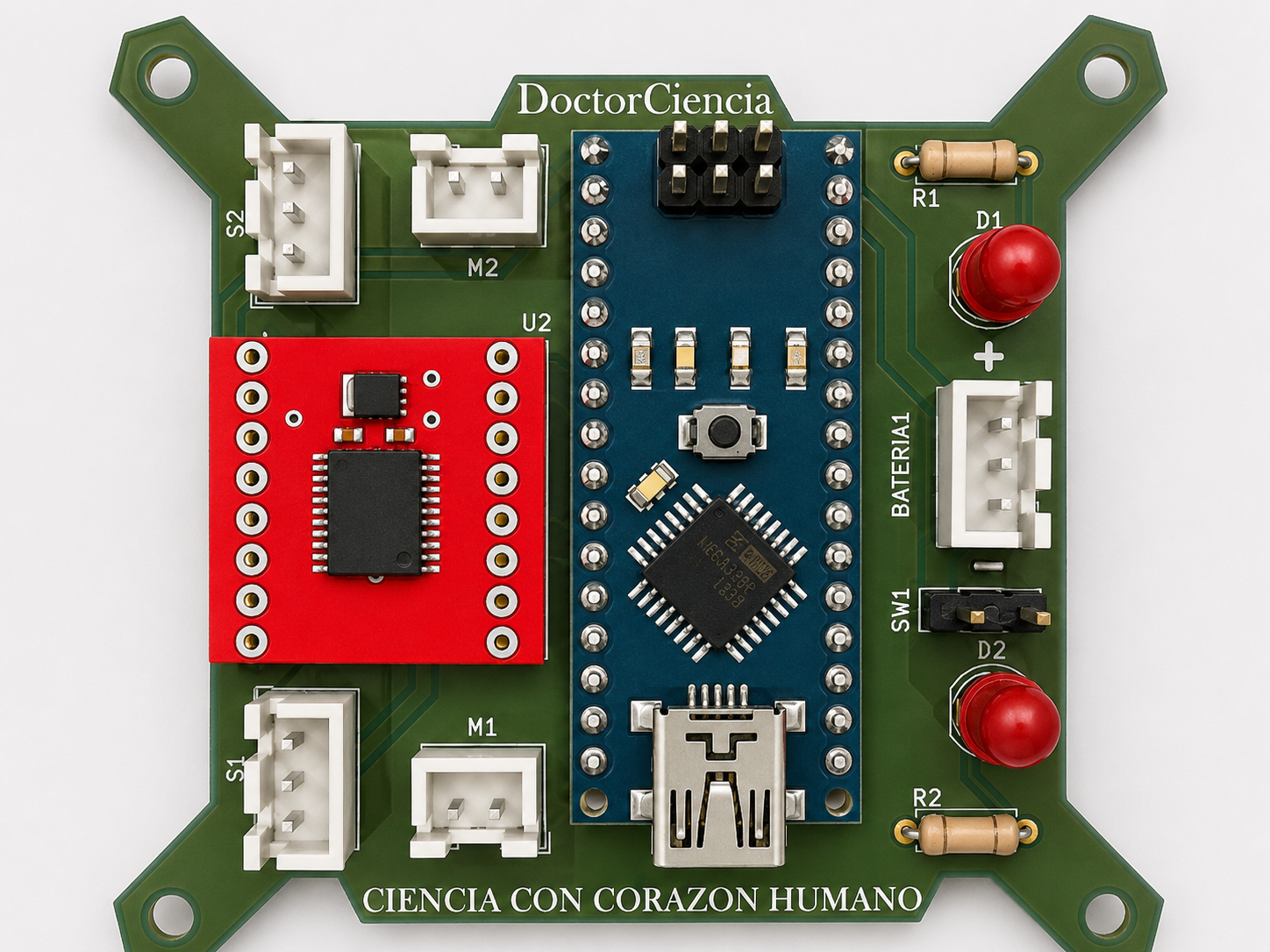 Frente de PCB personalizada DoctorCiencia con microcontrolador ESP32 para proyectos de rob&oacute;tica.