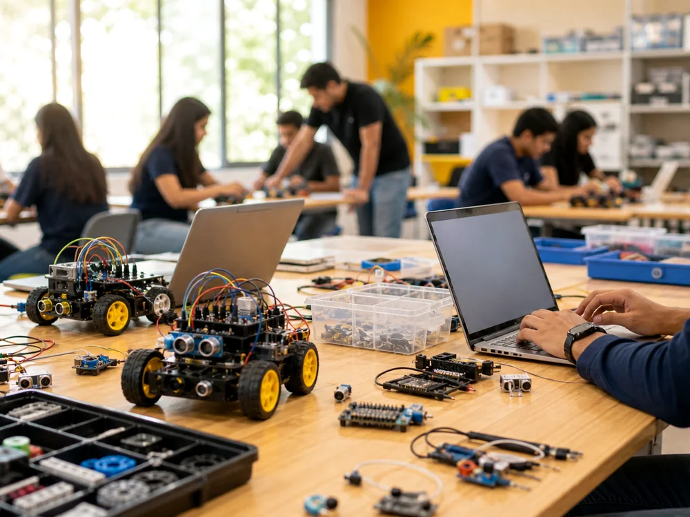 Laboratorio de rob&oacute;tica educativa con mesas, laptops, kits y pista de pruebas.