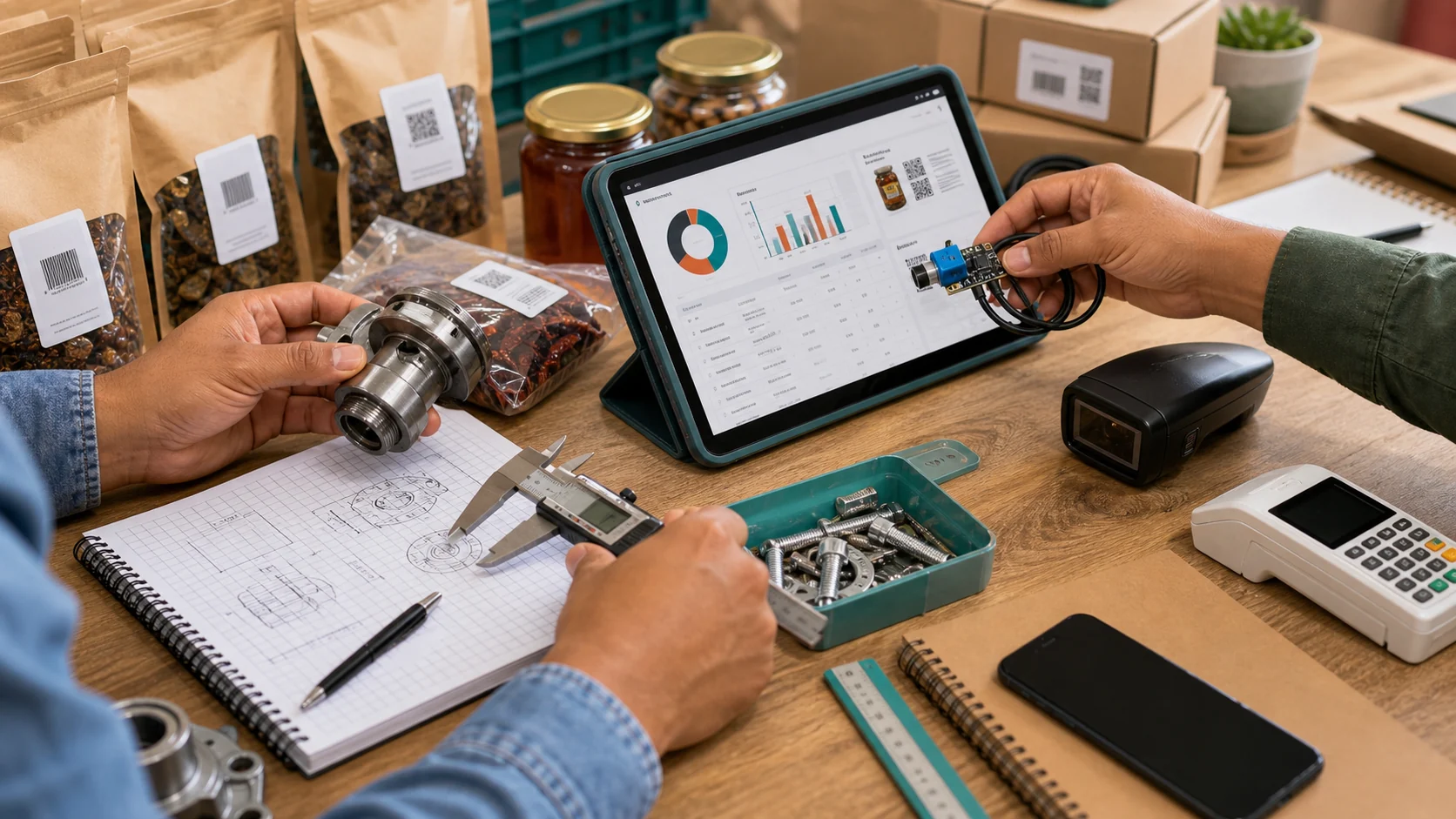 Mesa de trabajo con productos locales, tablet, sensores, punto de venta y herramientas para mejorar negocios.